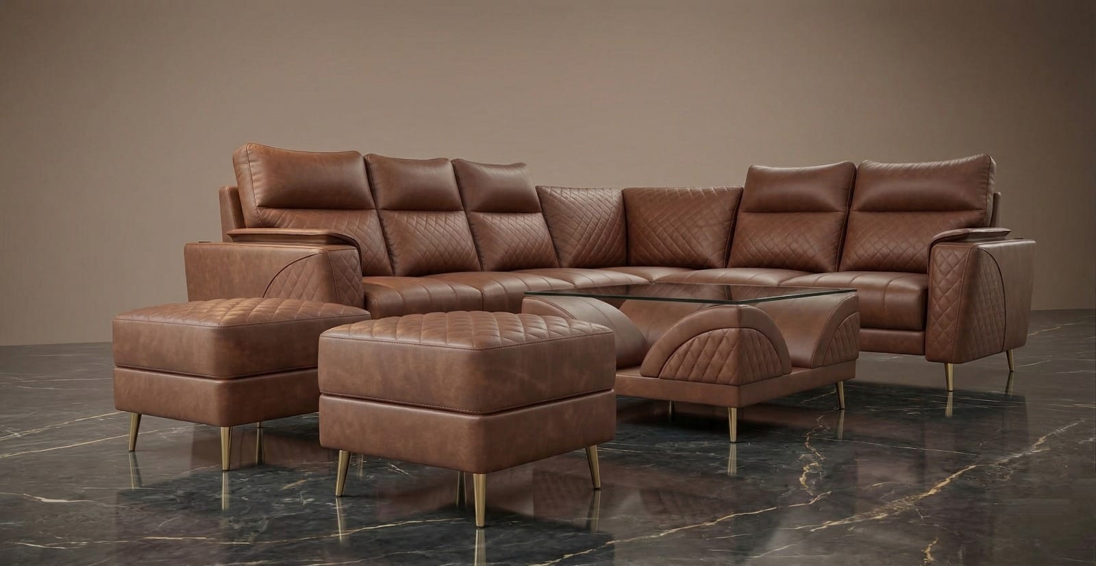 American Sofa Set  3 + 2 + Corner + 2 Ottoman + Glass Coffee Table