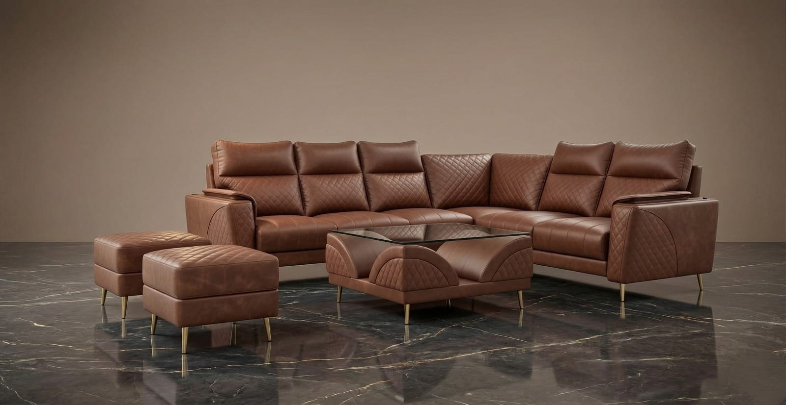 American Sofa Set  3 + 2 + Corner + 2 Ottoman + Glass Coffee Table