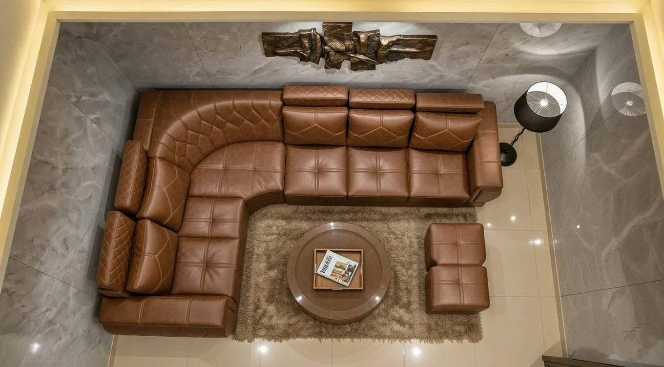 Tan Leather Sectional Sofa Set (3+2+Corner+Ottoman) with Coffee Table