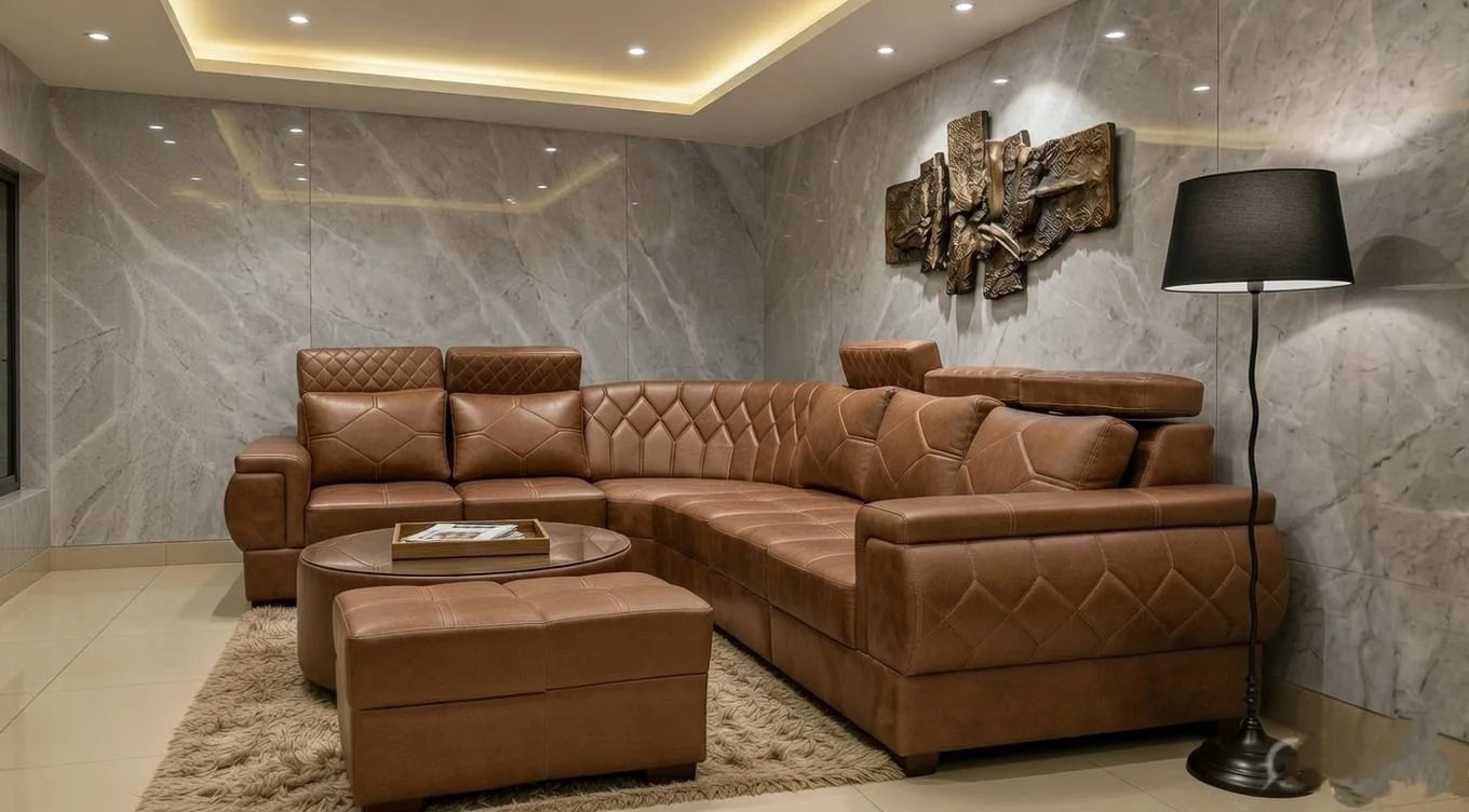 Tan Leather Sectional Sofa Set (3+2+Corner+Ottoman) with Coffee Table