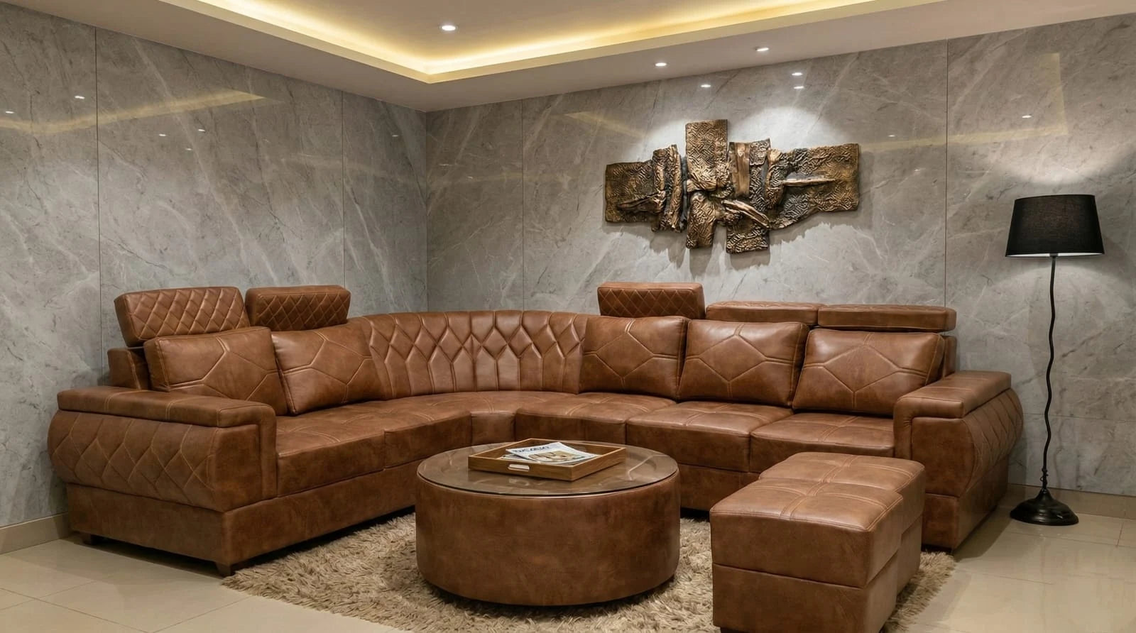 Tan Leather Sectional Sofa Set (3+2+Corner+Ottoman) with Coffee Table