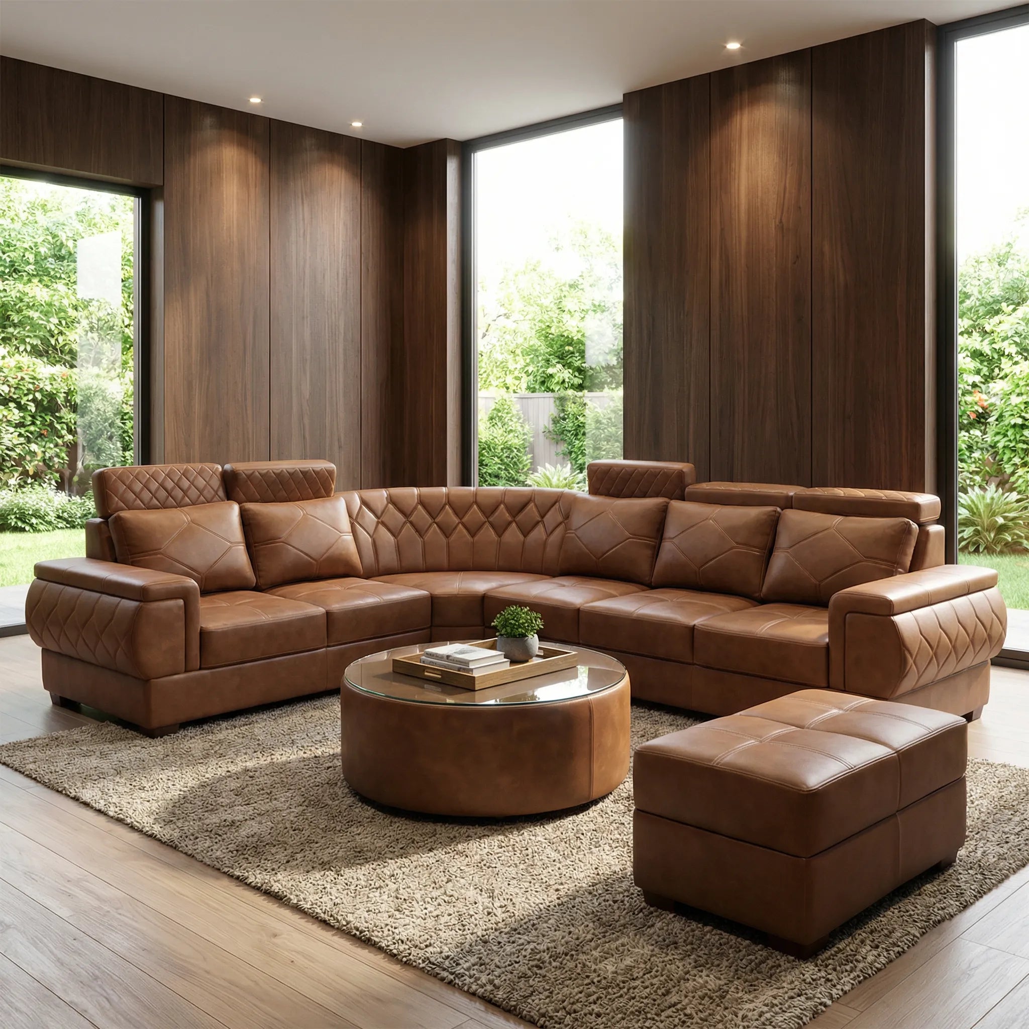 Tan Leather Sectional Sofa Set (3+2+Corner+Ottoman) with Coffee Table